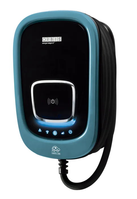 VIARIS UNI wall-mounted charging station in a turquoise housing with an integrated cable