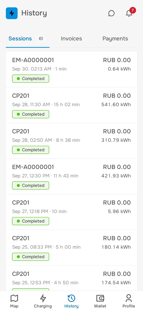 Driver app: session history with time, energy and amount